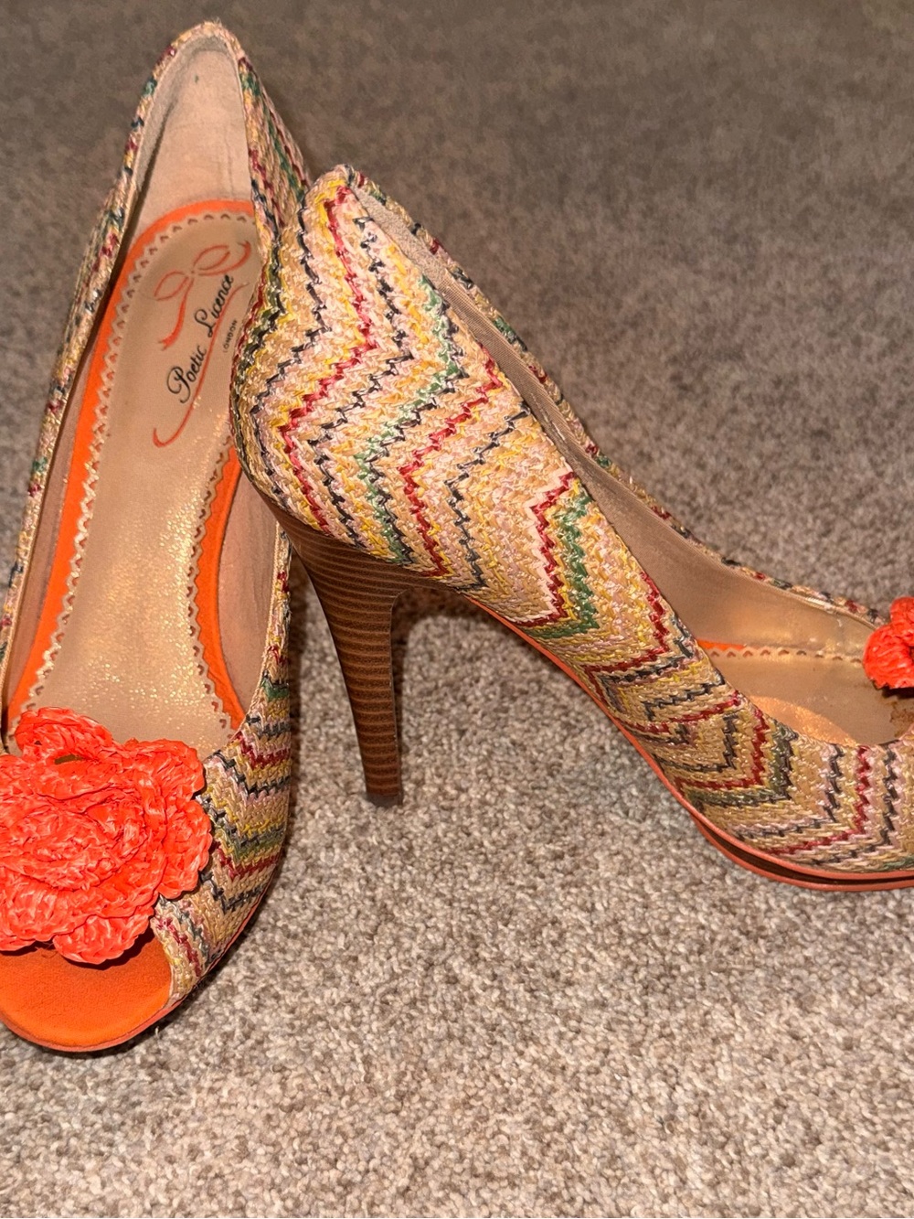 Poetic License Multicolor Chevron Peep-Toe Heels with Orange Floral Accent